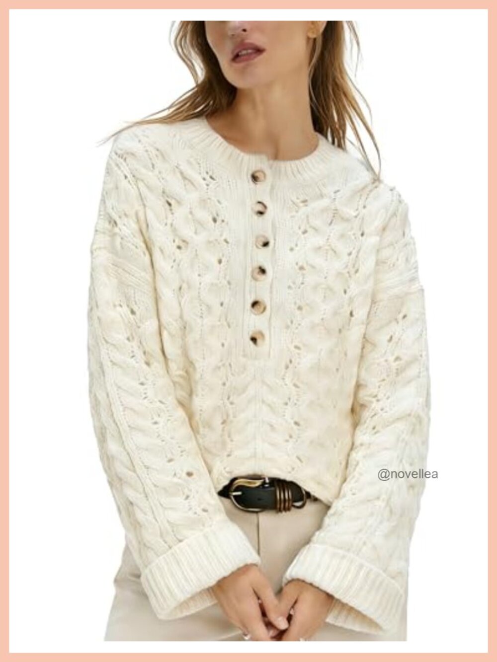 Cable Knit Henley Sweater Long Sleeve Relaxed Fit Pullover